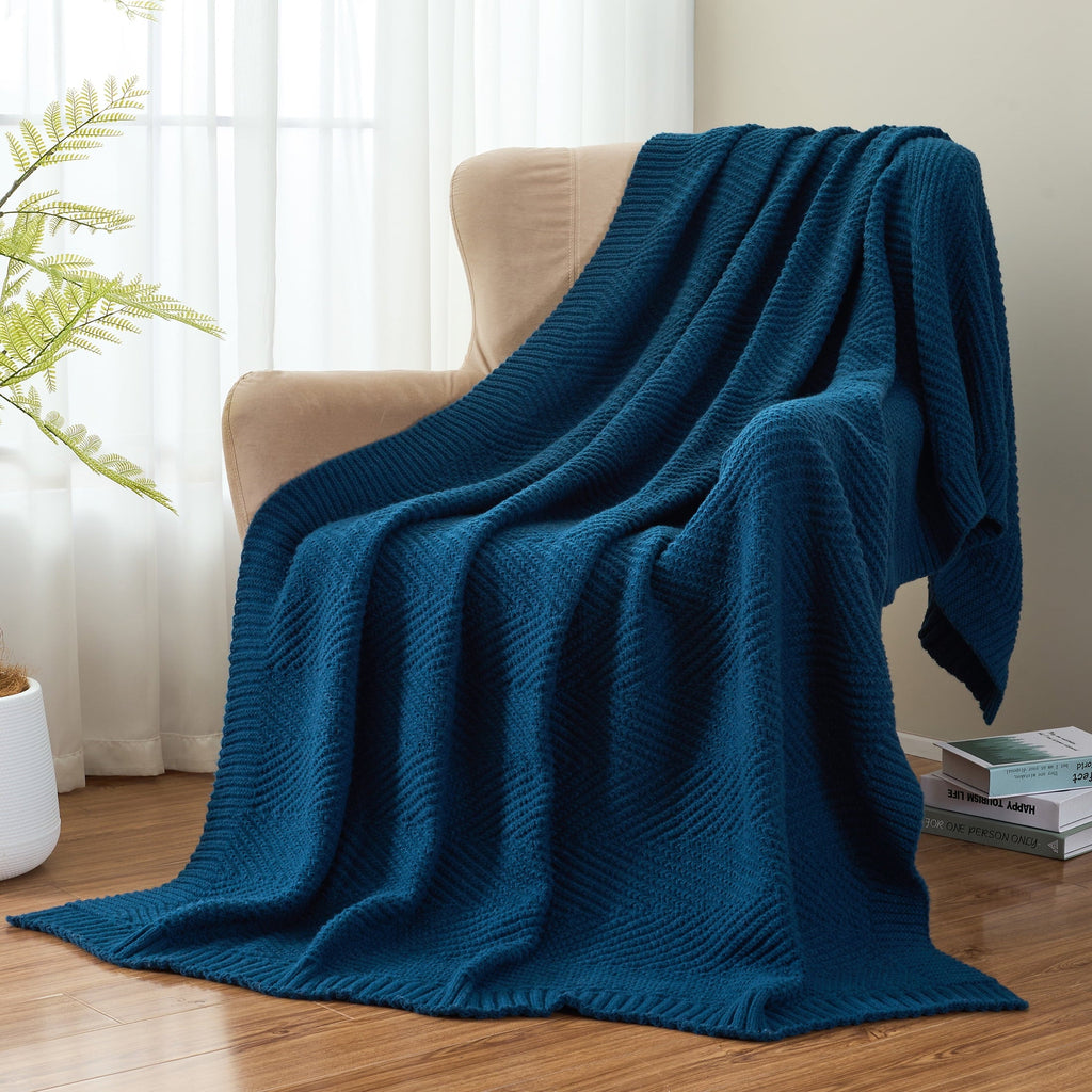 Cozy Fleece Soft Knitted Throw Blanket 50" x 60" Navy Blue, Boho Chevron Farmhouse Throw for Bed Couch - Super Soft Reversible Sherpa Flannel Blanket Detail