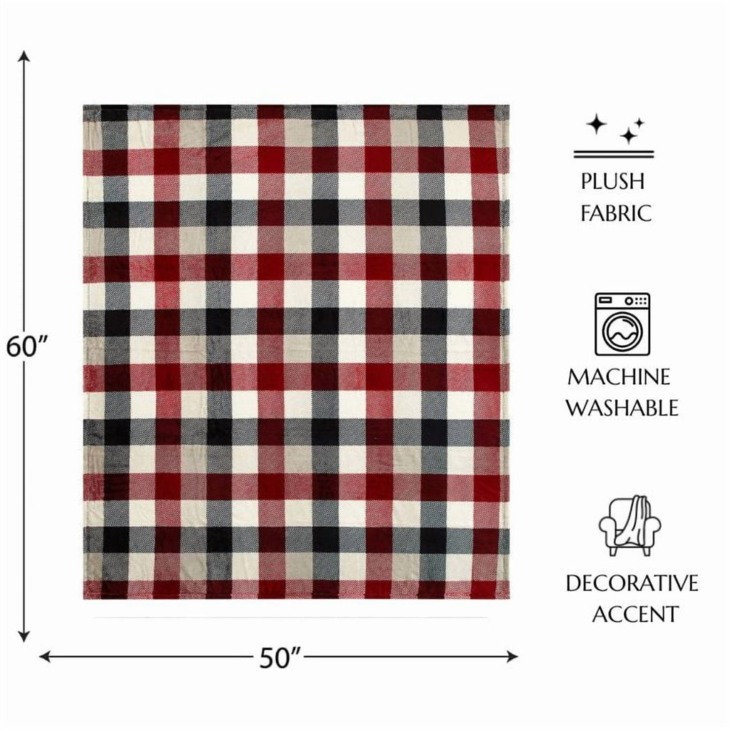 Cozy Fleece Cozy Plush Throw Blanket, Red Plaid 50" x 60" All Ages - Luxury Knitted Decorative Throw Blanket with Fringes Detail