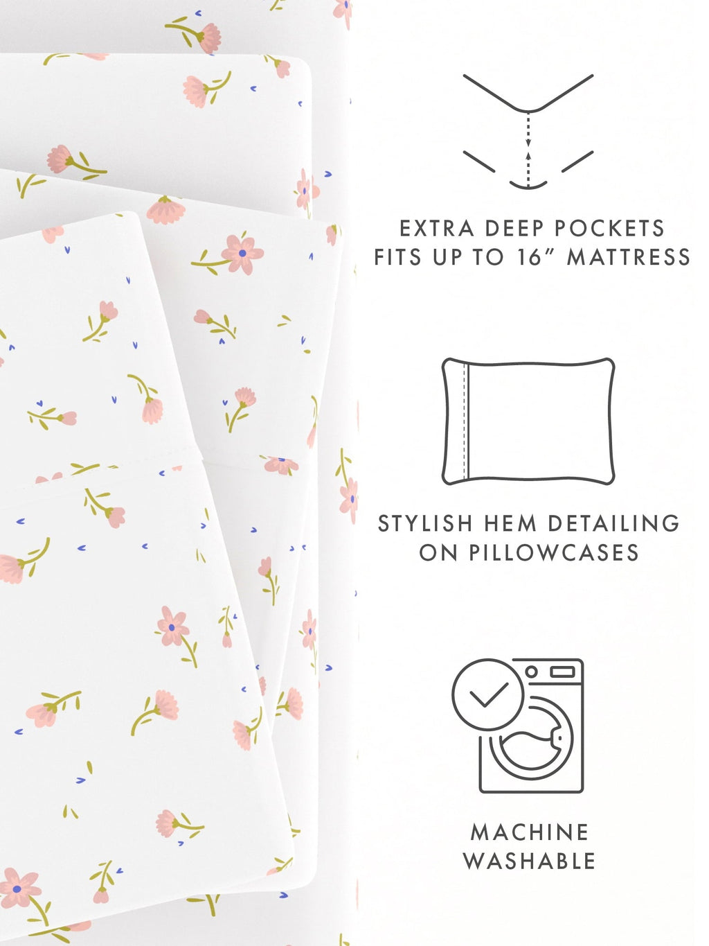 Premium Egyptian Cotton Ultra Soft & Breathable Wrinkle Free Bed Sheets Set - Floral Pink Farmhouse Patterned for Twin Size Bedding - Cooling Hotel Quality Bedding Sheets and Pillowcases Detail