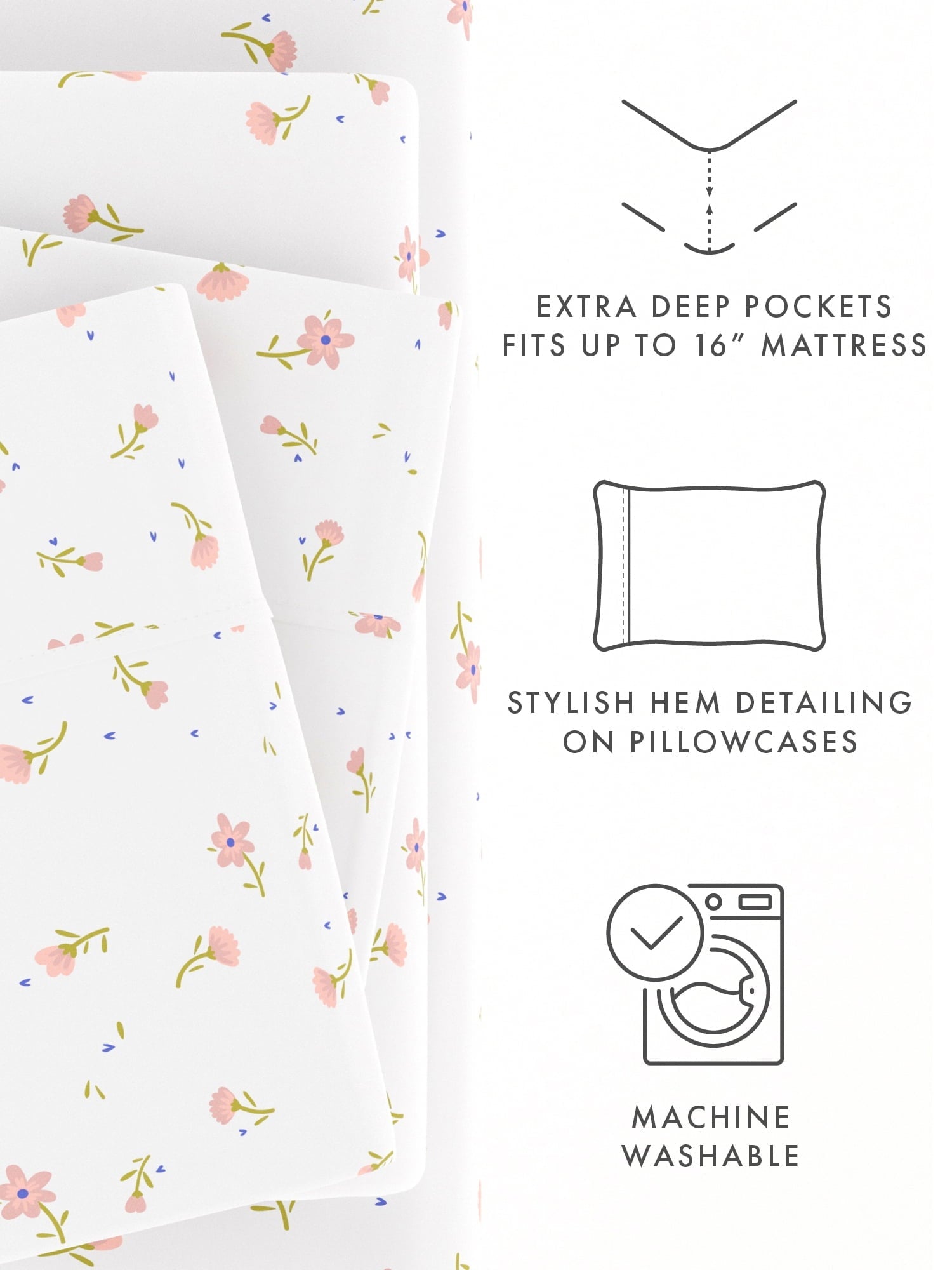 Premium Egyptian Cotton Ultra Soft & Breathable Wrinkle Free Bed Sheets Set - Floral Pink Farmhouse Patterned for Twin Size Bedding - Cooling Hotel Quality Bedding Sheets and Pillowcases Detail