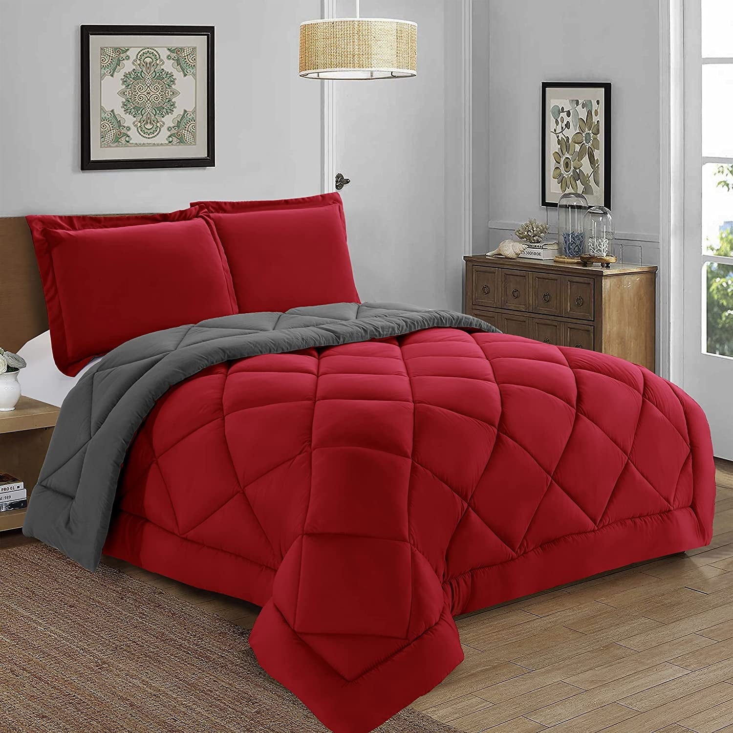 Fluffy Down Alternative Reversible 3pc Comforter Set- Available In A Few Sizes And Colors , Full/Queen, Red/Gray - Luxurious Quilted Duvet Cover Set Detail