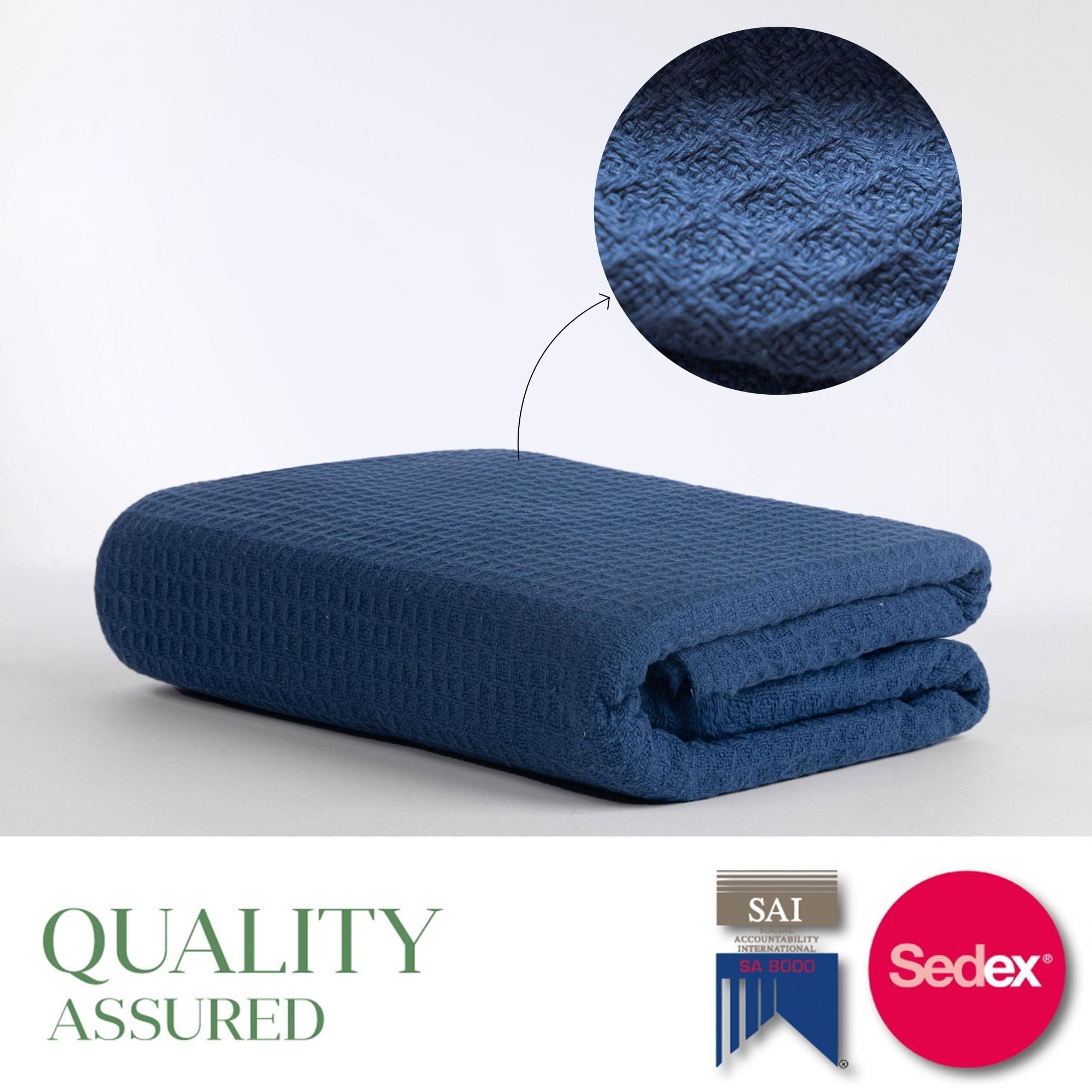 Decorative Knitted Twin Waffle Throw Blanket for Couch (68" x 92"), 100% Cotton Throw Blankets for Bed, Waffle Blanket for Bed (Navy) - Super Soft Reversible Sherpa Flannel Blanket Detail