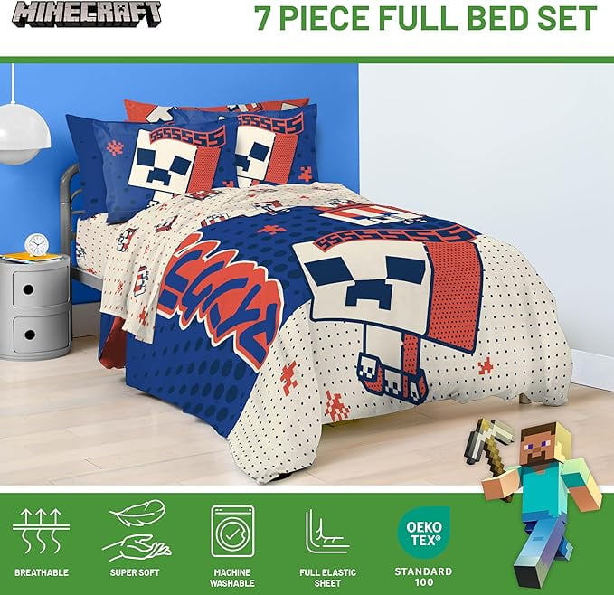 All-Season 7 Piece Full Size Comforter Set with Shams - Kids & Teens Gaming Bedding - Luxurious Quilted Duvet Cover Set Detail