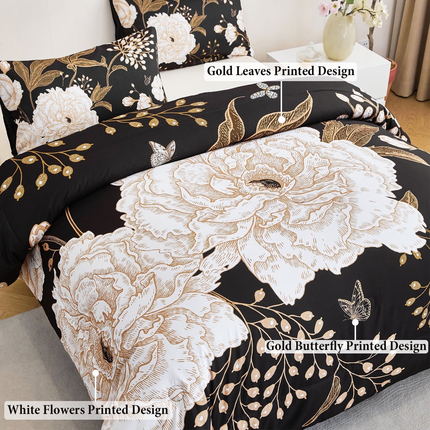 Heavyweight Warmth Black Floral Comforter Set Queen, Printed Comforter White Flowers Butterfly Bedding Set, 3 Pieces Botanical Reversibl... - Luxurious Quilted Duvet Cover Set Detail