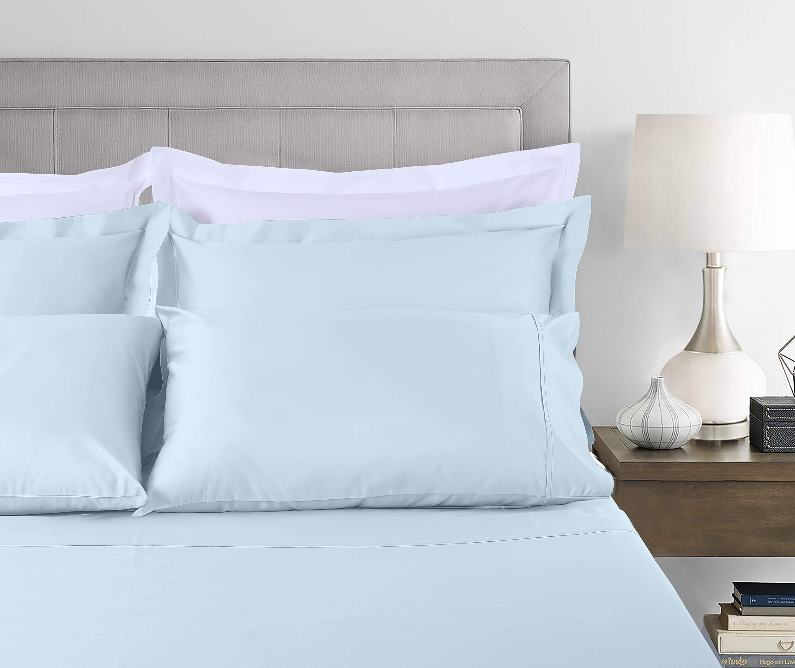 Premium Egyptian Cotton 100% Cotton King Bed Sheets Set - 4-Piece, 300 Thread Count, Lightweight Sateen, Light Blue - Luxury Bed Sheet Set with Deep Pockets Detail