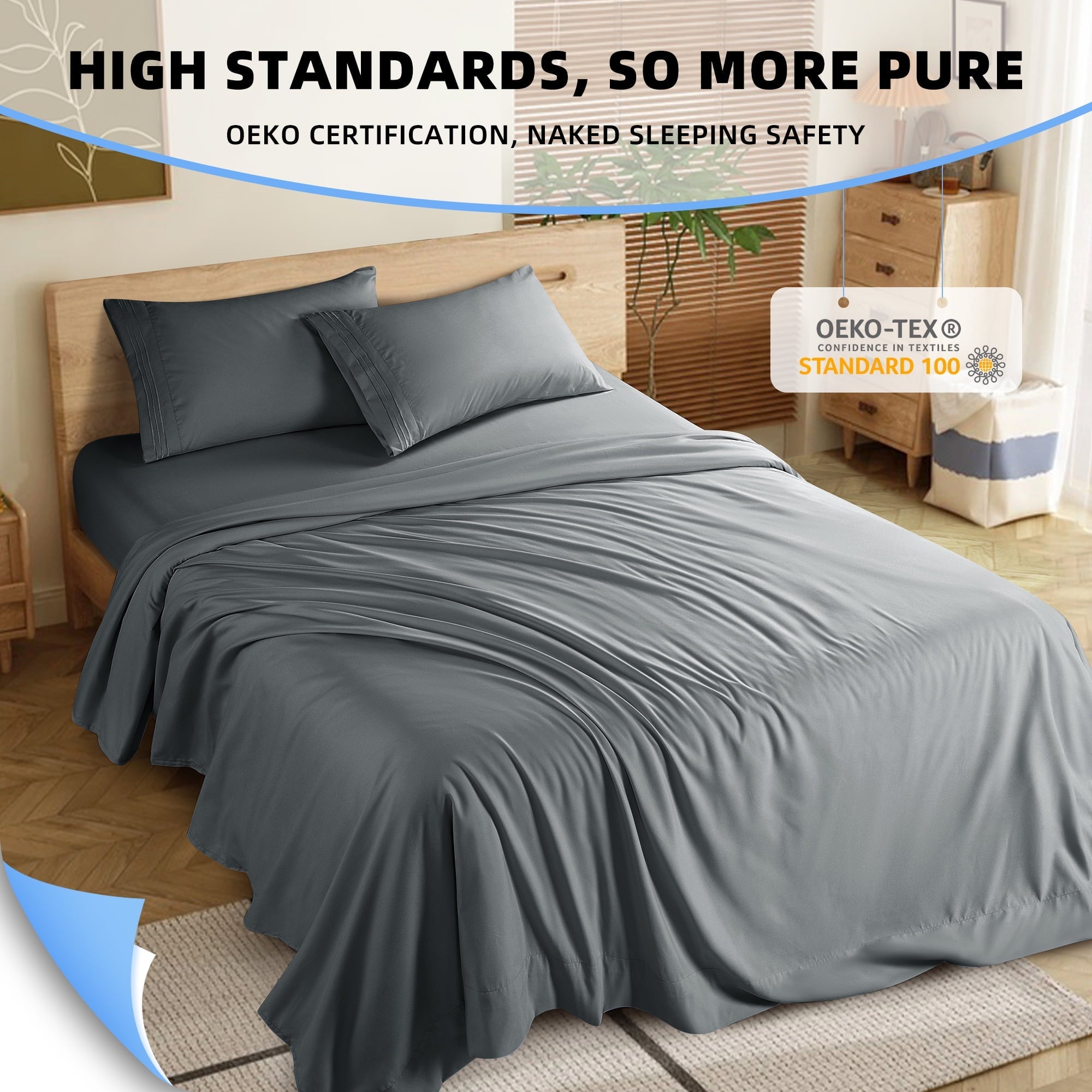 Cooling Sateen Shilucheng 4 Pieces Luxury Bed Sheets Set, Plush Microfiber Bed Sheets, 16" Deep Pocket, Queen, Dark Gray - Premium Ultra-Soft Pillowcase Pair for Sleeping Detail