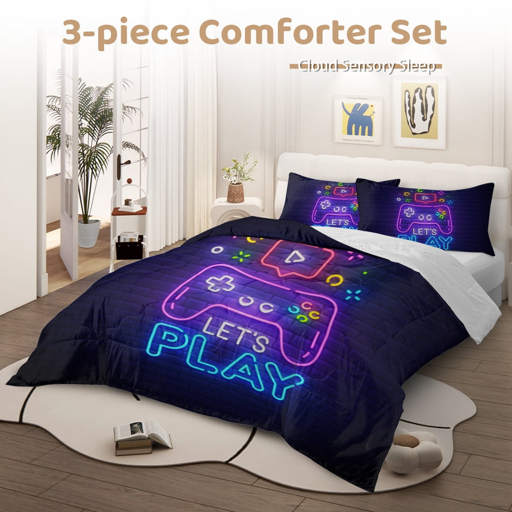 Hypoallergenic Cloud Gaming Comforter Set for Boys, 3-Piece Abstract Neon Kids Bedding Sets Twin Size - Luxurious Quilted Duvet Cover Set Detail