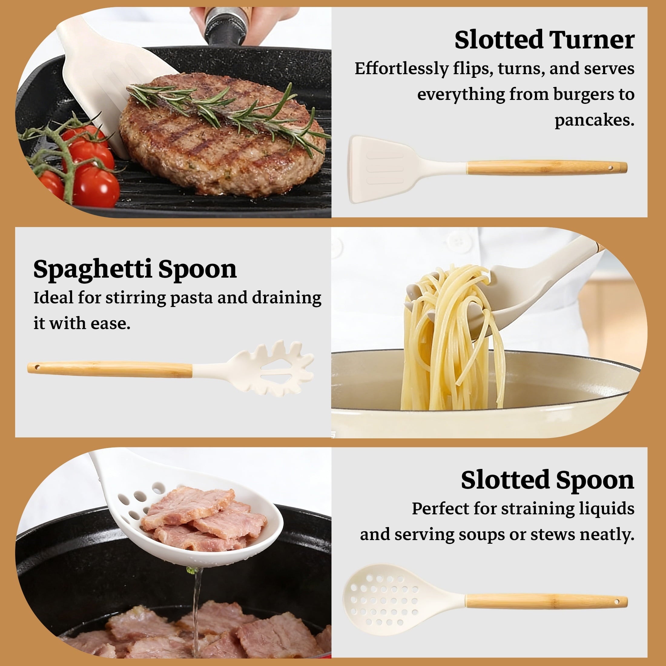 Ergonomic Cooking 14-Piece Silicone Cooking Utensils Set, Non-Stick Kitchen Utensil Set for Baking, Flipping, Mixing, White - Ergonomic Kitchen Tongs and Cooking Spoon Utensil Detail