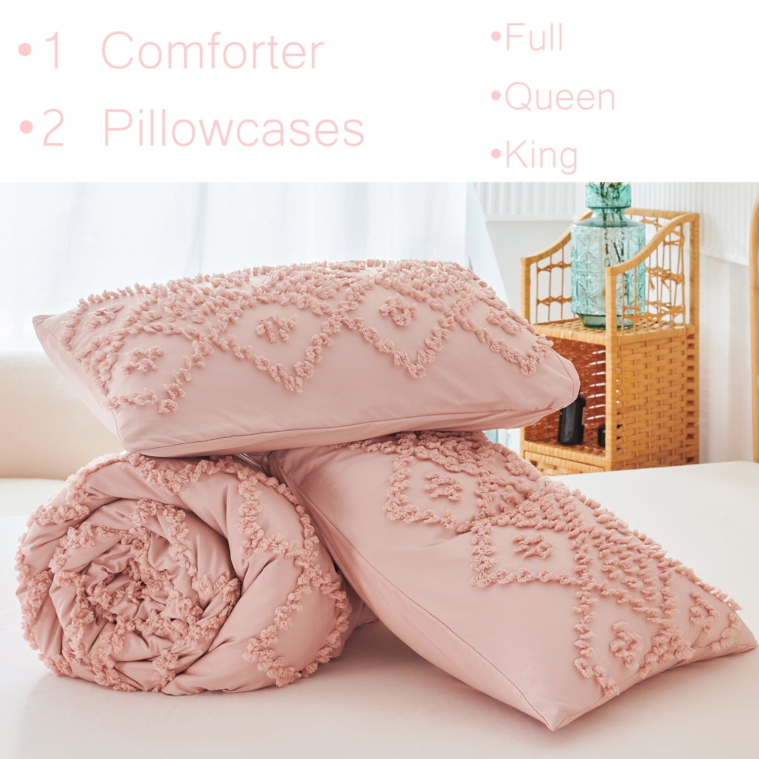 Hypoallergenic Cloud Pink Diamond Jacquard Comforter Set Queen 3 Pcs Bohemian Tufts Quilt Set for Kids Girls Adult 100% Soft Microfiber Be... - Luxurious Quilted Duvet Cover Set Detail