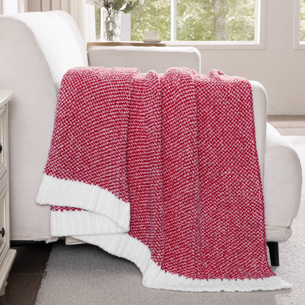 Cozy Fleece Knit Throw Blanket, Ultra Soft Cozy Fluffy Blankets, Lightweight Fuzzy Plush Throw for Couch and Bed, Mixed Red, 50"x60" - Luxury Knitted Decorative Throw Blanket with Fringes Detail