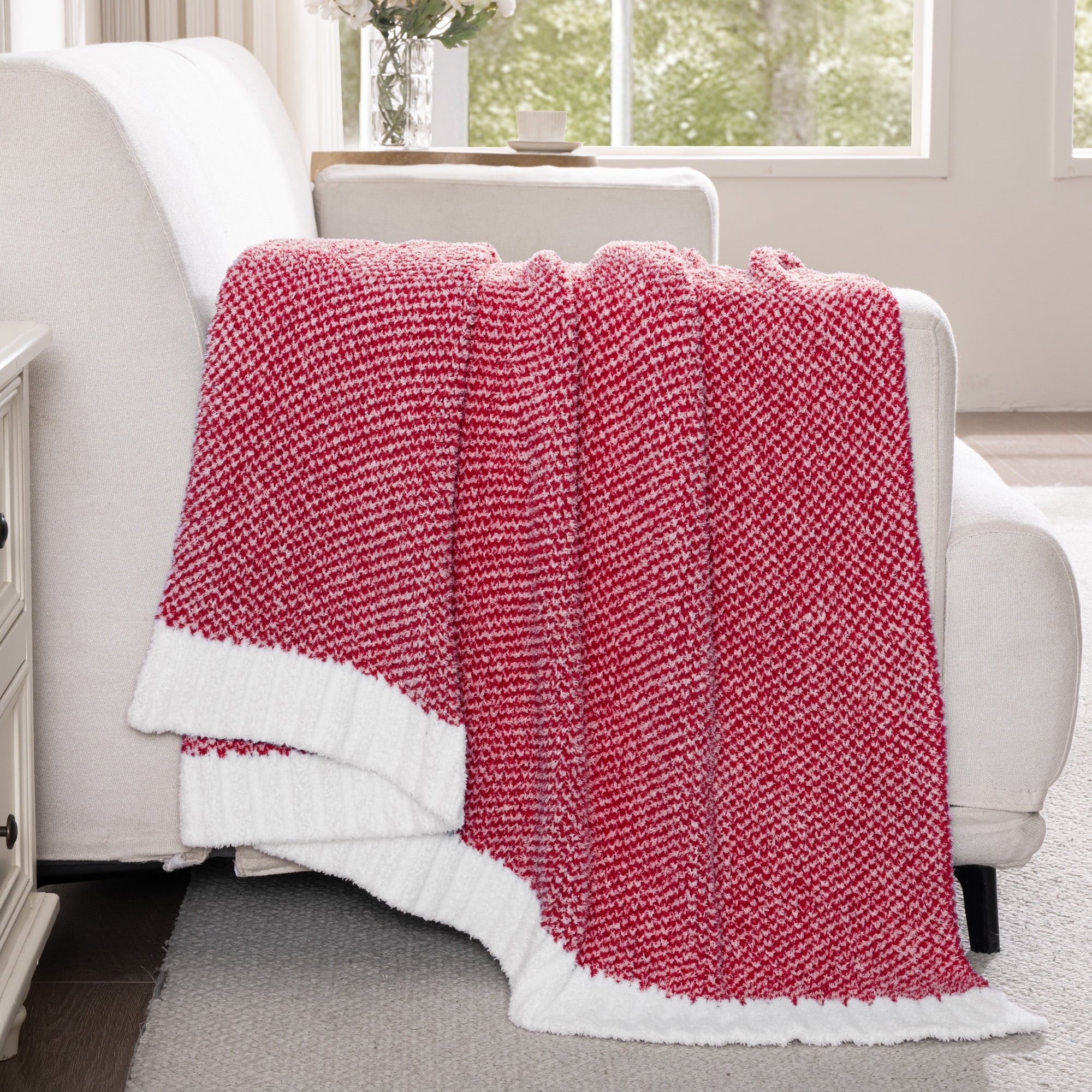 Cozy Fleece Knit Throw Blanket, Ultra Soft Cozy Fluffy Blankets, Lightweight Fuzzy Plush Throw for Couch and Bed, Mixed Red, 50"x60" - Luxury Knitted Decorative Throw Blanket with Fringes Detail