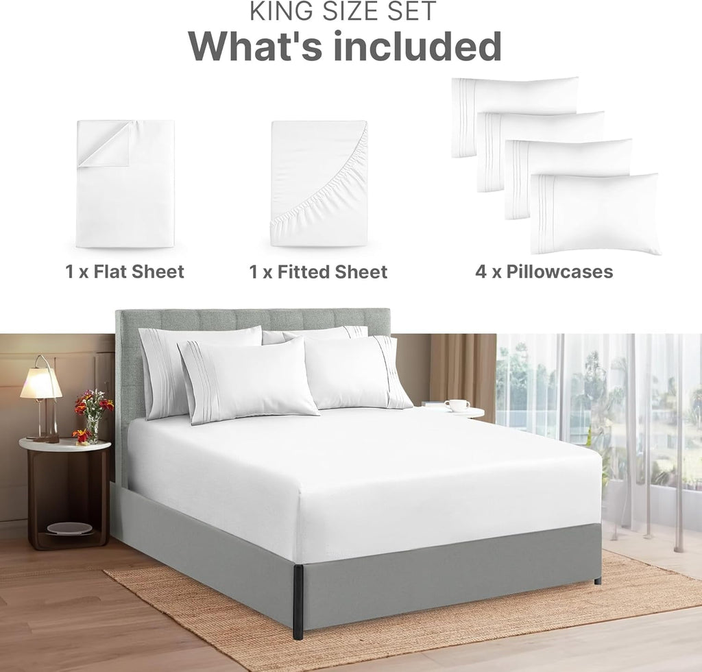 Ultra-Soft 6-Piece Extra Deep Pocket Sheet Set With Extra Matching Pillowcases - King Size Bed Sheets Fits 18"-24" Ma... - Breathable Egyptian Cotton Flat & Fitted Sheets Detail