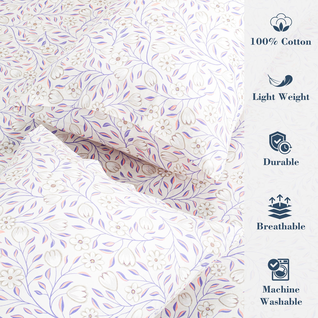 Cooling Sateen 100% Cotton Full Size Sheets,4 Piece Pure Percale Bed Sheets Set Deep Pocket Fits Mattress Upto 15",floral vine pattern - Breathable Egyptian Cotton Flat & Fitted Sheets Detail