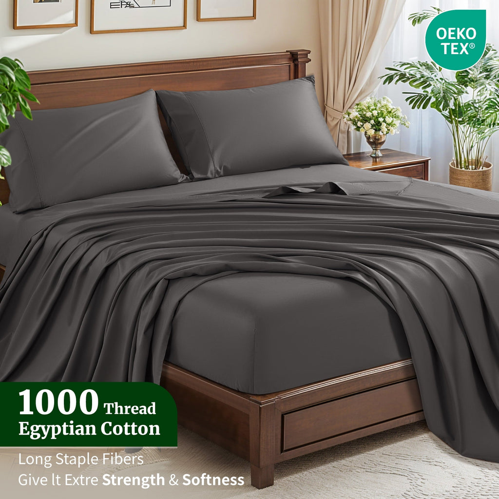 Ultra-Soft 100% Cotton Bed Sheets Set, 1000 Thread Count 4 Piece Luxury Soft Sheets Set with 16" Deep Pocket, Queen, Dark Gray - Premium Ultra-Soft Pillowcase Pair for Sleeping Detail