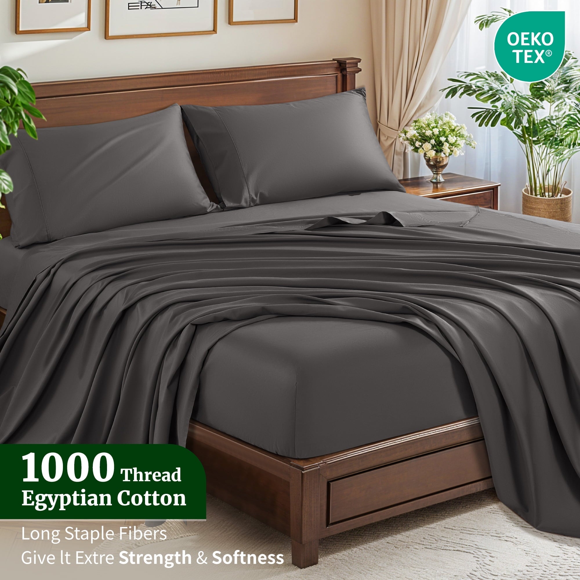 Ultra-Soft 100% Cotton Bed Sheets Set, 1000 Thread Count 4 Piece Luxury Soft Sheets Set with 16" Deep Pocket, Queen, Dark Gray - Premium Ultra-Soft Pillowcase Pair for Sleeping Detail