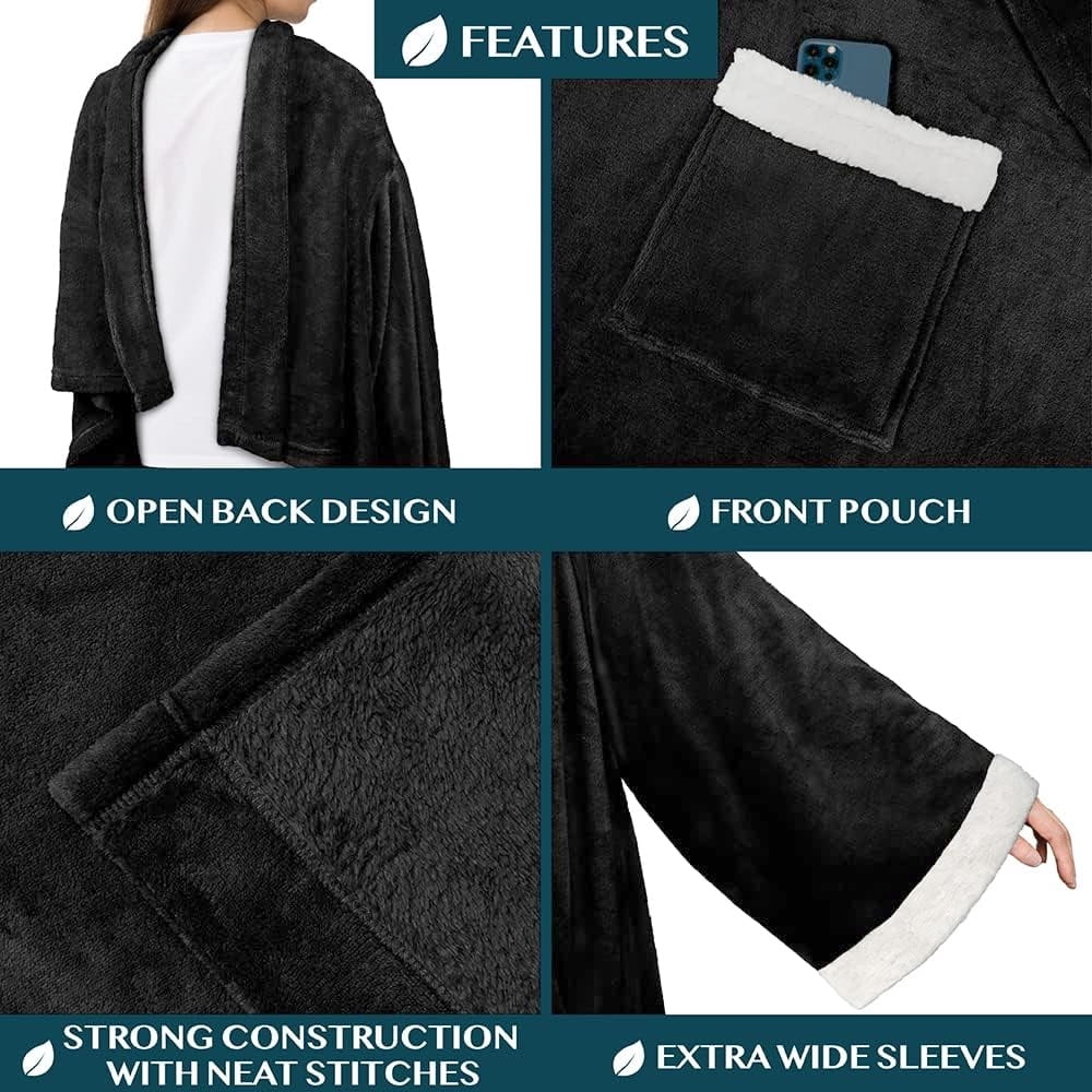Cozy Fleece Fleece Blanket with Sleeves for Women Men Adults, Wearable Blanket Warm Soft Plush, Snuggle Pocket Sleeved TV Throw W... - Super Soft Reversible Sherpa Flannel Blanket Detail