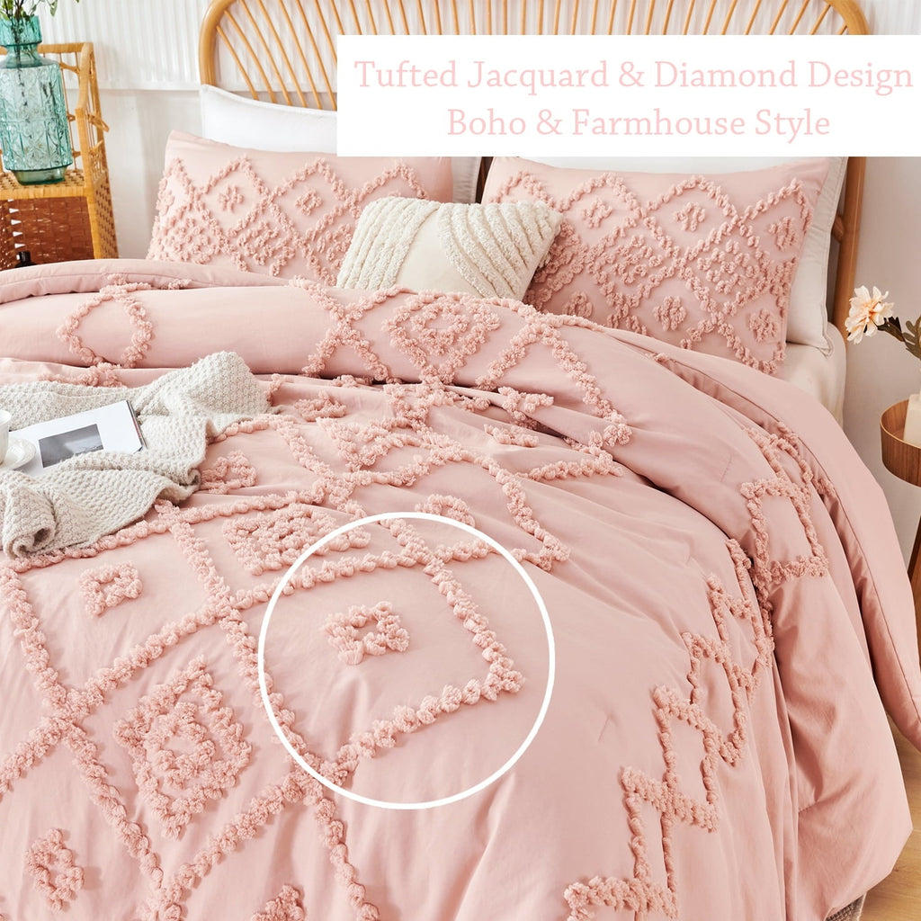 Hypoallergenic Cloud Pink Diamond Jacquard Comforter Set Queen 3 Pcs Bohemian Tufts Quilt Set for Kids Girls Adult 100% Soft Microfiber Be... - Luxurious Quilted Duvet Cover Set Detail