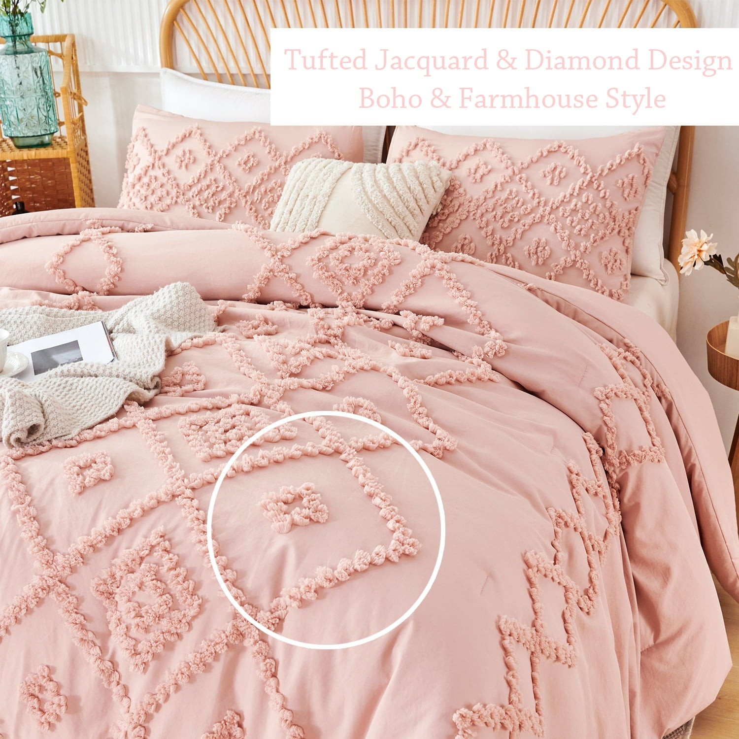 Hypoallergenic Cloud Pink Diamond Jacquard Comforter Set Queen 3 Pcs Bohemian Tufts Quilt Set for Kids Girls Adult 100% Soft Microfiber Be... - Luxurious Quilted Duvet Cover Set Detail