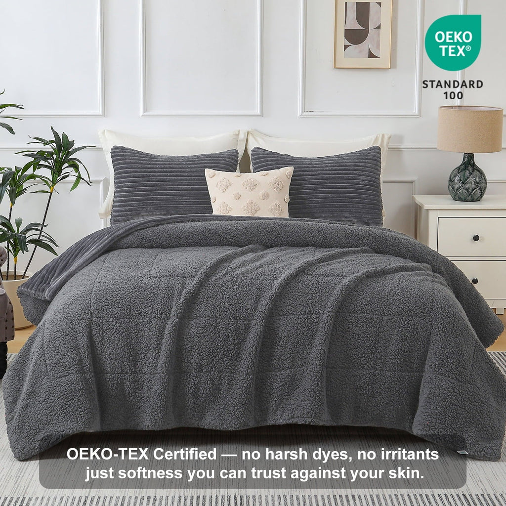 Heavyweight Warmth 3 Piece Fleece Queen Comforter Set - Soft & Warm Fluffy Dark Gray Sherpa Bedding , Fuzzy Heavy Double Sided Design Wi... - Cloud-Like Soft Lightweight Bed Comforter Detail