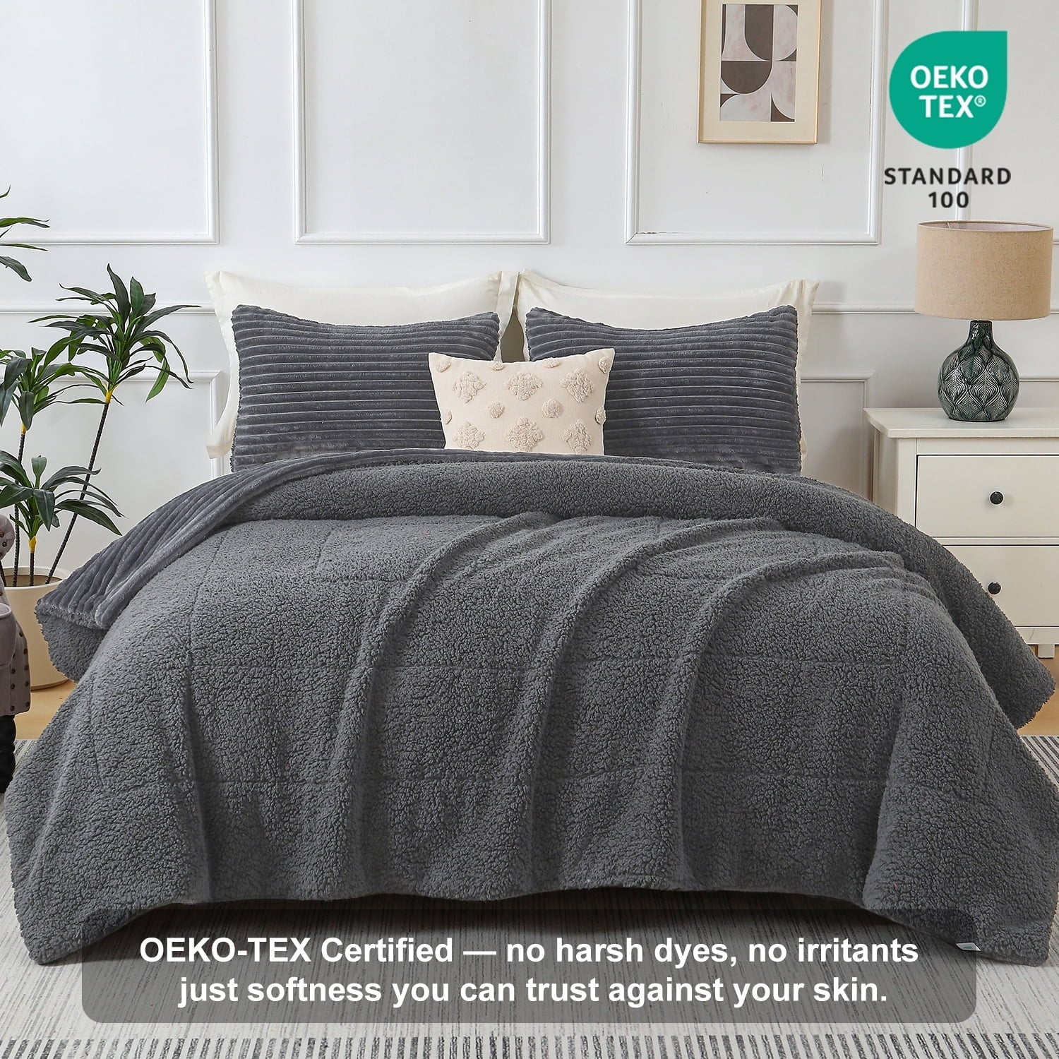 Heavyweight Warmth 3 Piece Fleece Queen Comforter Set - Soft & Warm Fluffy Dark Gray Sherpa Bedding , Fuzzy Heavy Double Sided Design Wi... - Cloud-Like Soft Lightweight Bed Comforter Detail