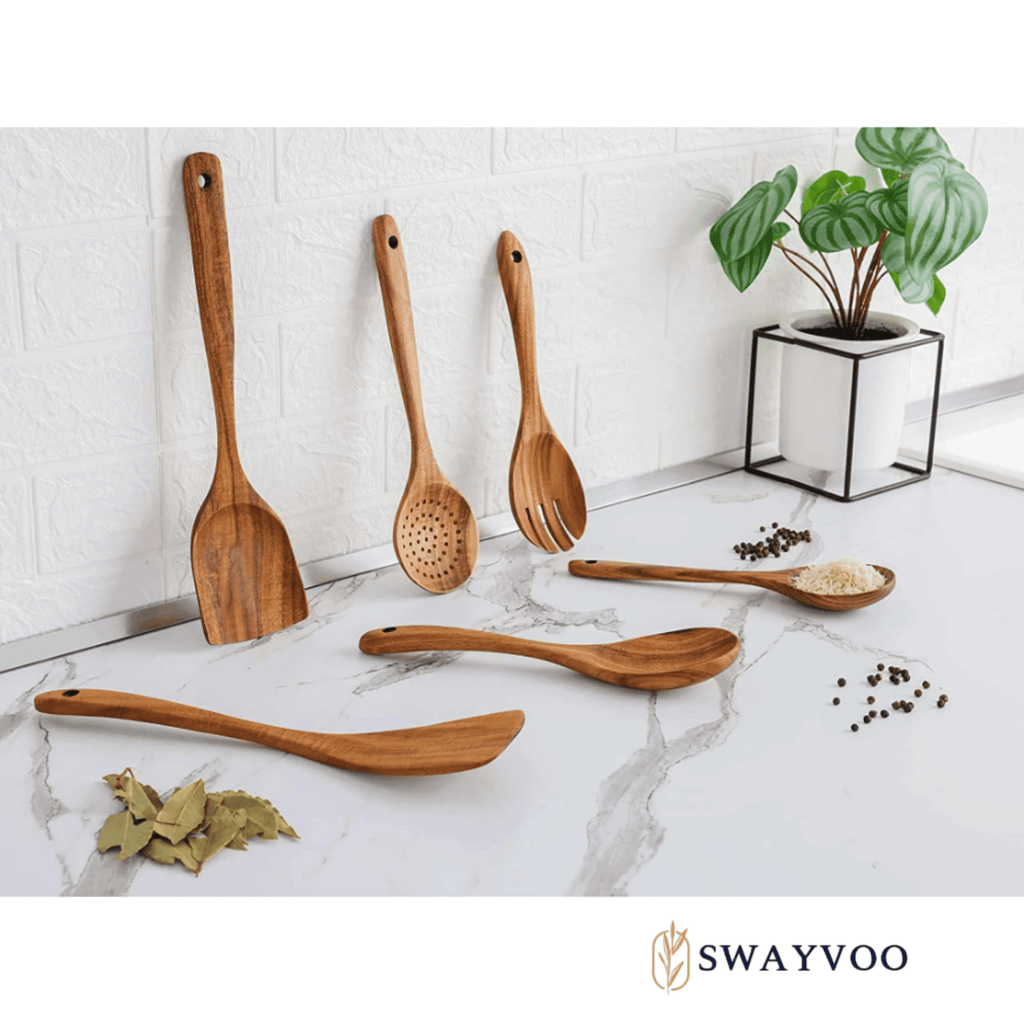 Ergonomic Cooking Wooden Spoons for Cooking, 6-Piece 100% Natural Teak Wooden Utensils for Cooking — Heat Resistant, Non-Stick ... - Premium Stainless Steel Cooking Utensil for Non-Stick Pots Detail
