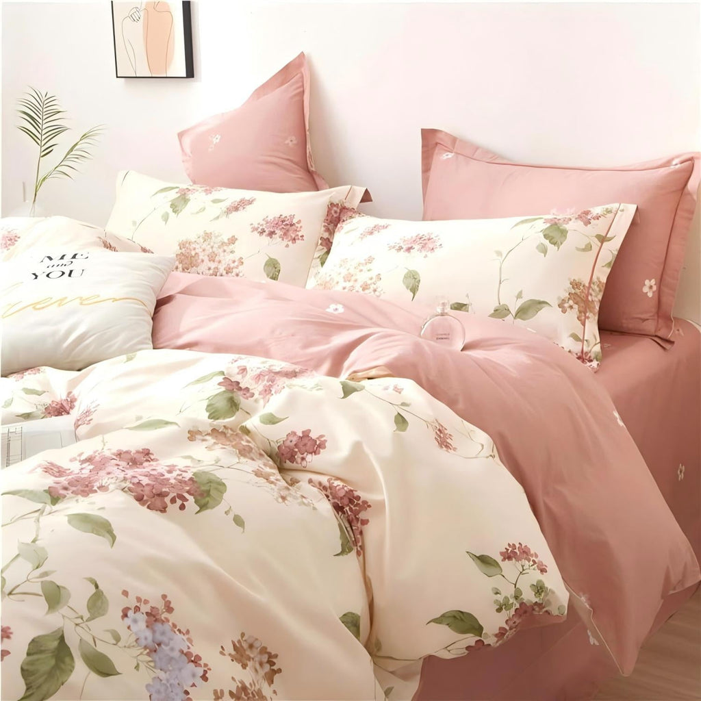 Fluffy Down Alternative White with Pink Flowers King Comforter Sets, 3 Pieces Chic Garden Style Reversible Bedding Sets for Adults All Season - Luxurious Quilted Duvet Cover Set Detail