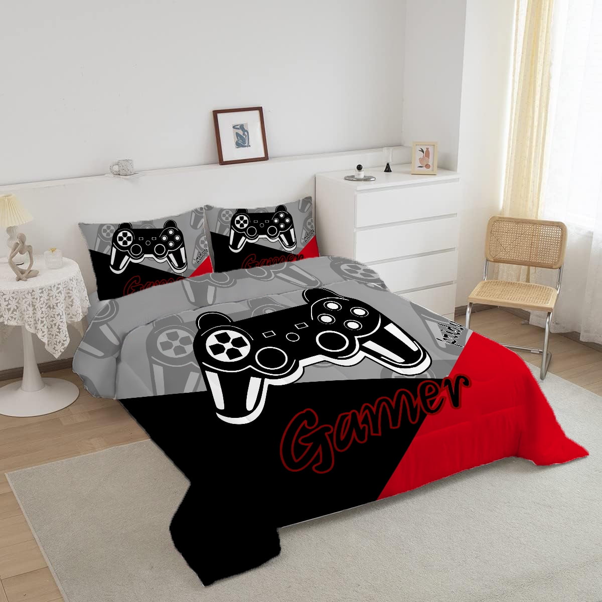 Hypoallergenic Cloud Gaming Comforter for Kids Boys Teens Video Game Bedding Set Gamer Comforter Gamepad Comforter Set Full Size Red Black... - Luxurious Quilted Duvet Cover Set Detail