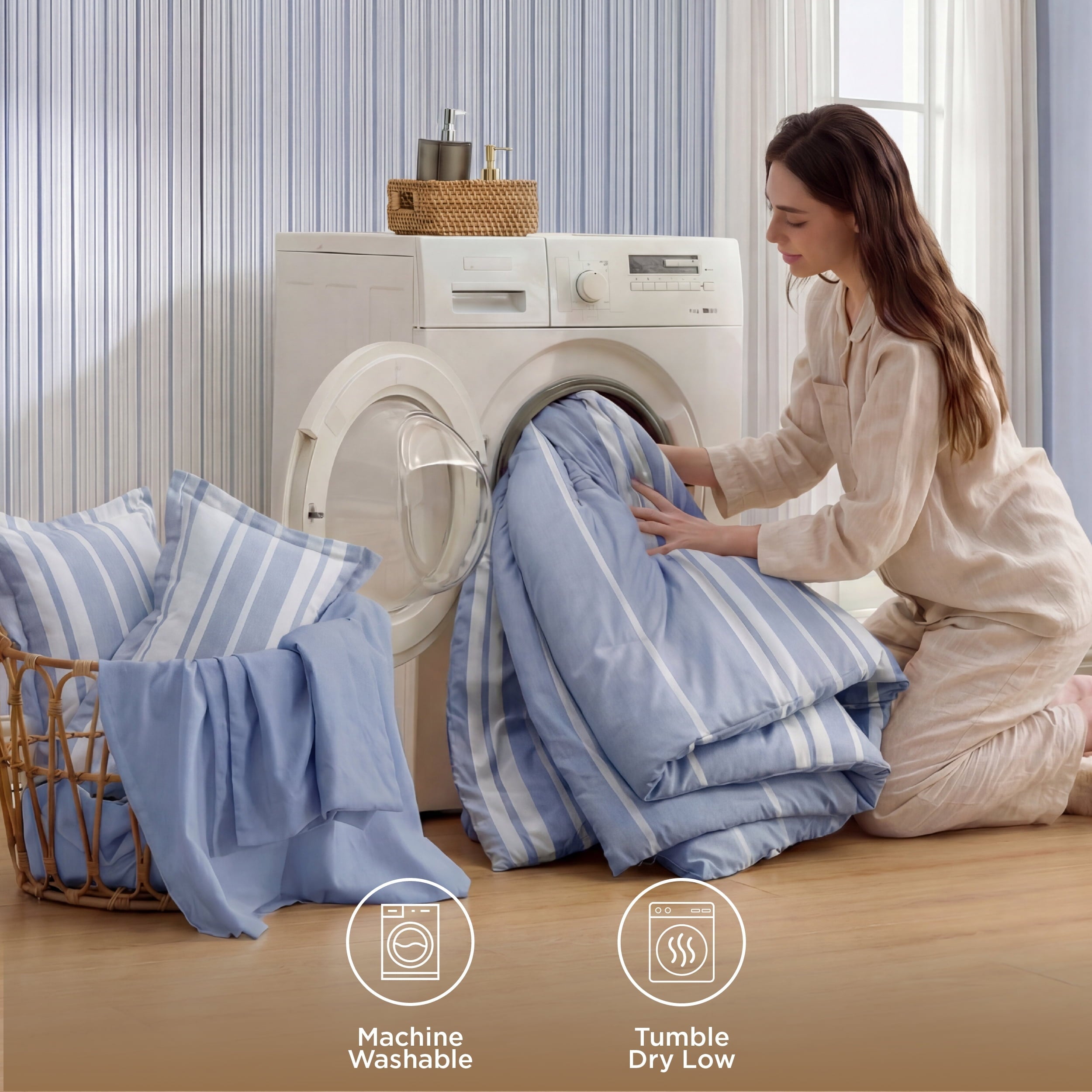 Heavyweight Warmth Queen Comforter Set Blue, Bed in a Bag Queen Size Bedding 7-Pieces, Striped Bedding Set for All Seasons - Luxurious Quilted Duvet Cover Set Detail