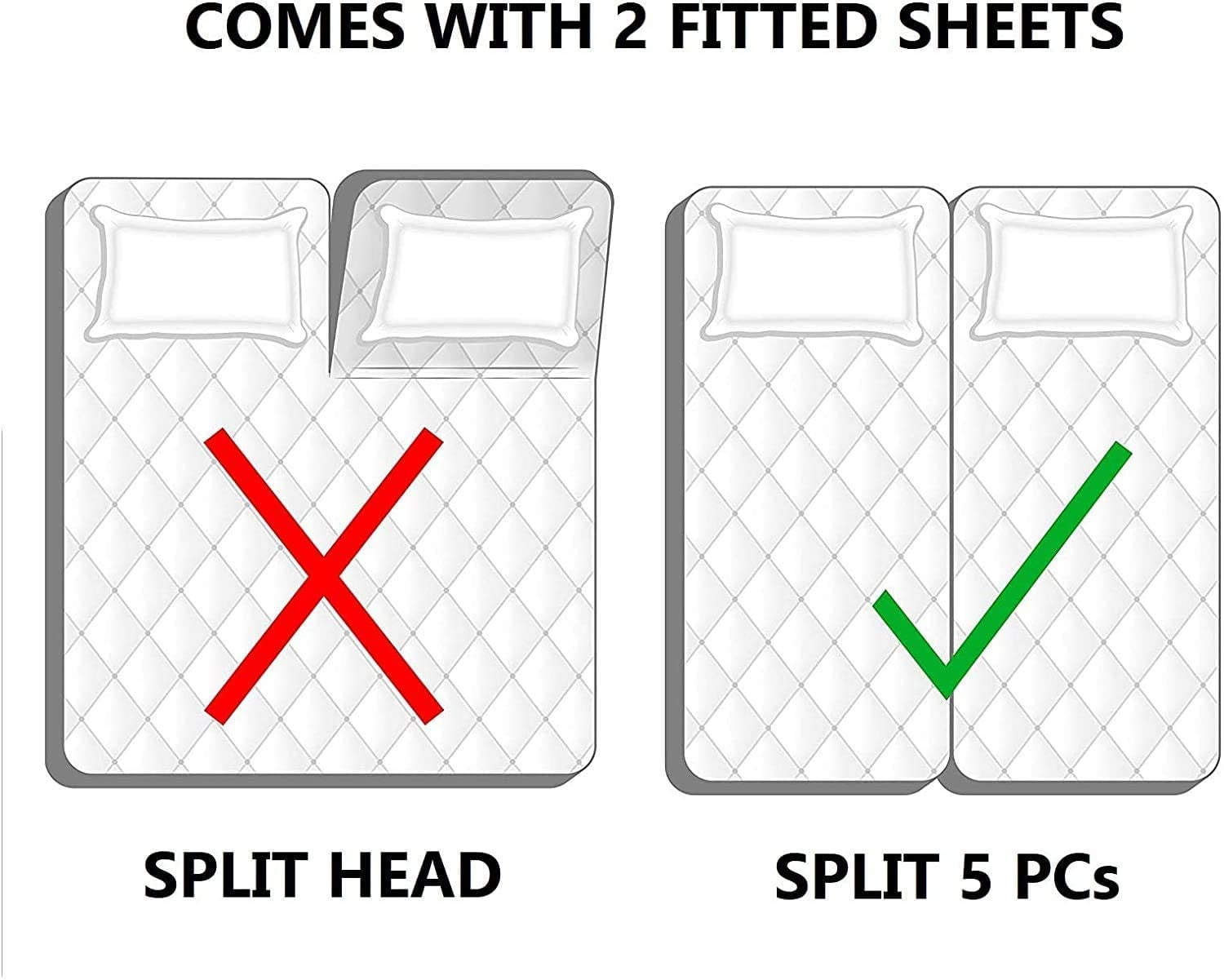 Breathable Luxury Split King Bed Sheet Set 5Pcs Adjustable Bed Sheets - 18" Deep Pocket of Fitted Sheet 800 Thread Count 100% Pure Egyp... - Cooling Hotel Quality Bedding Sheets and Pillowcases Detail