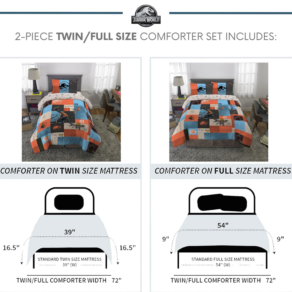 Fluffy Down Alternative Kids 2 Piece Blue Orange Reversible Dinosaur Comforter and Pillowcase set, Twin/full - Cloud-Like Soft Lightweight Bed Comforter Detail