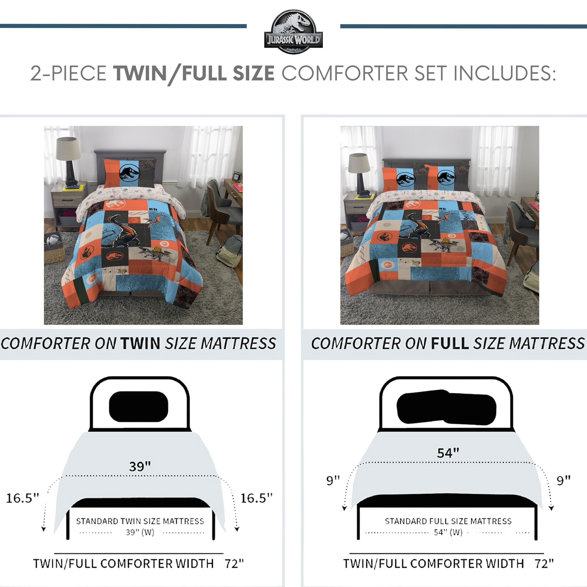 Fluffy Down Alternative Kids 2 Piece Blue Orange Reversible Dinosaur Comforter and Pillowcase set, Twin/full - Cloud-Like Soft Lightweight Bed Comforter Detail