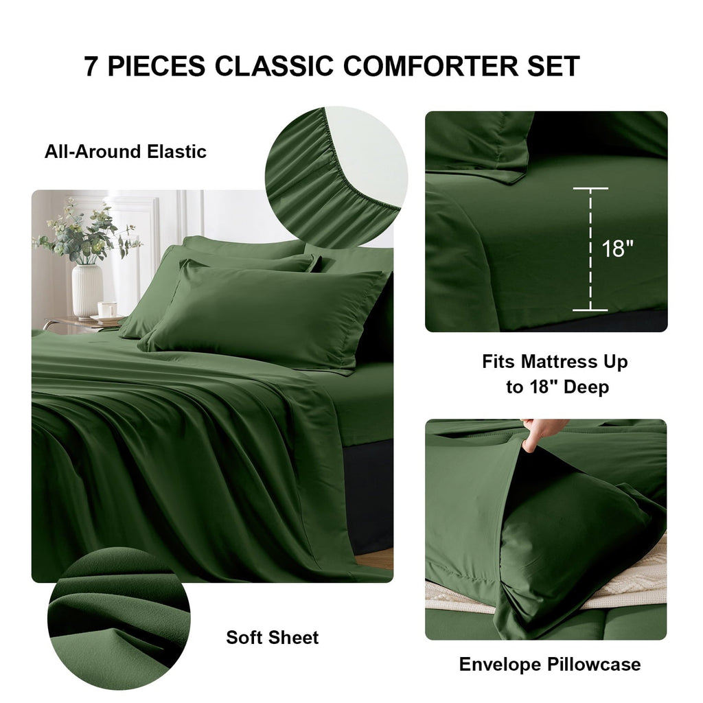 Luxurious Quilted Queen Comforter Set Forest Green Bed in a Bag Queen Size 7 Pieces Soft Bed Set Lightweight Microfiber Green Bedding C... - Hypoallergenic Ultra-Fluffy Quilt for Winter Detail