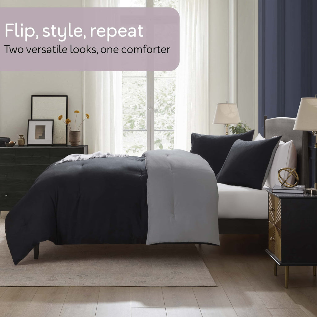 Fluffy Down Alternative Comforter Sets, All Season Lightweight Reversible Queen Comforter Set, 3-Pc Bedding Sets, Black/Charcoal gray - Cloud-Like Soft Lightweight Bed Comforter Detail