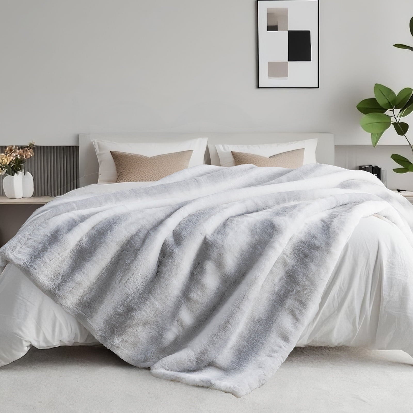 Cozy Fleece Luxury Faux Fur Throw Blanket for Bed Super Thick Warm Fuzzy Blankets for Bedroom Living Room, 60" x 80", White - Luxury Knitted Decorative Throw Blanket with Fringes Detail