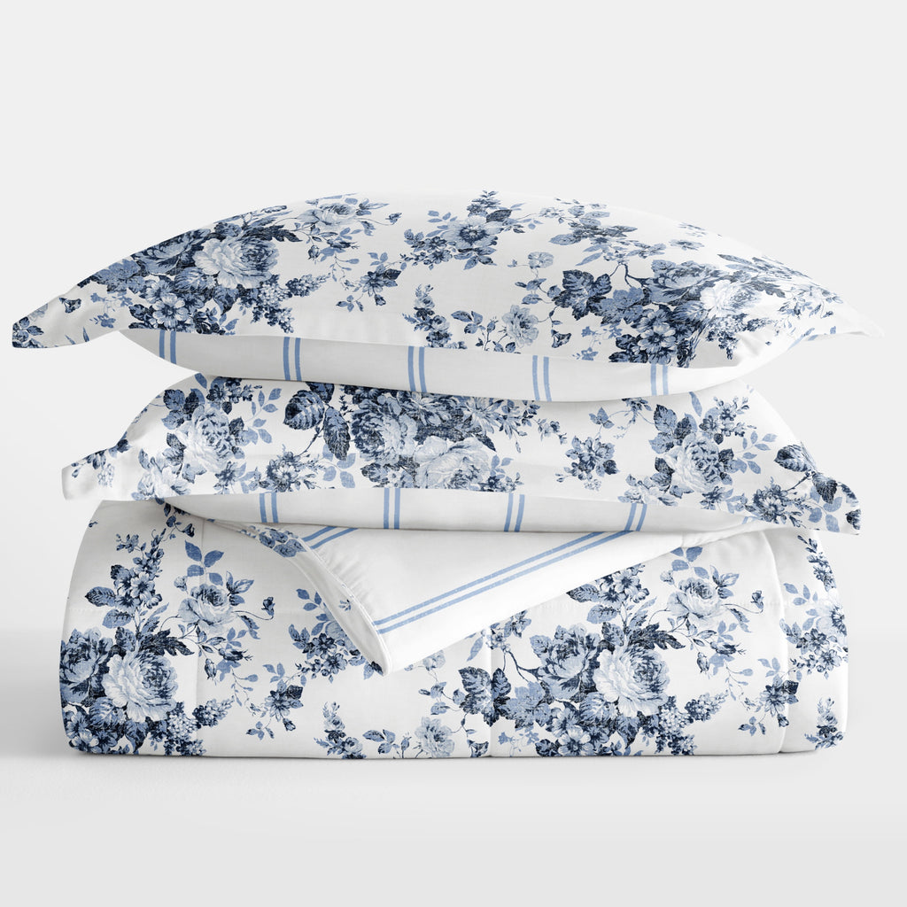 Fluffy Down Alternative Down Alternative Cabbage Rose Stripe Stone Reversible Comforter Set - All-Season Down Alternative Comforter Insert Detail