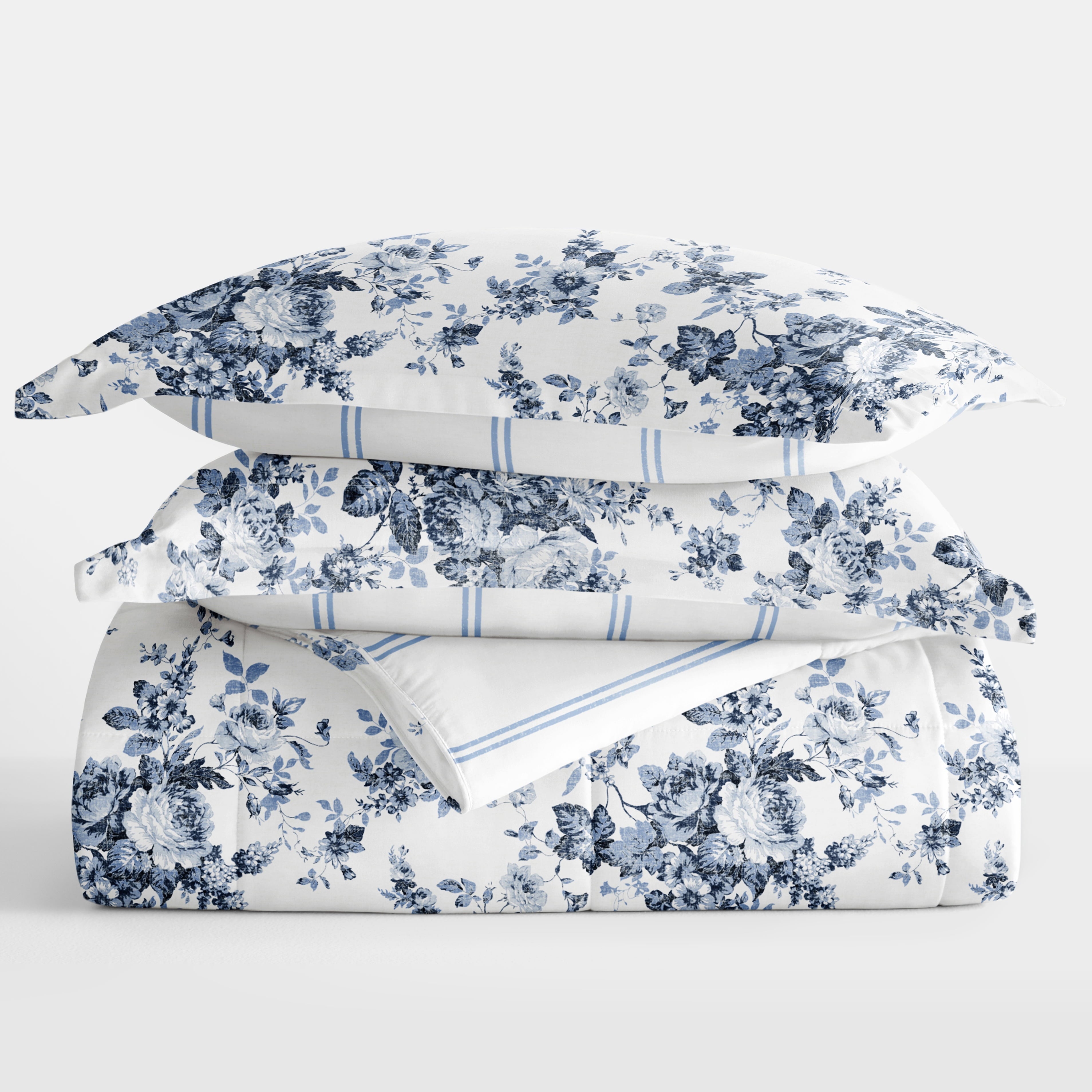 Fluffy Down Alternative Down Alternative Cabbage Rose Stripe Stone Reversible Comforter Set - All-Season Down Alternative Comforter Insert Detail