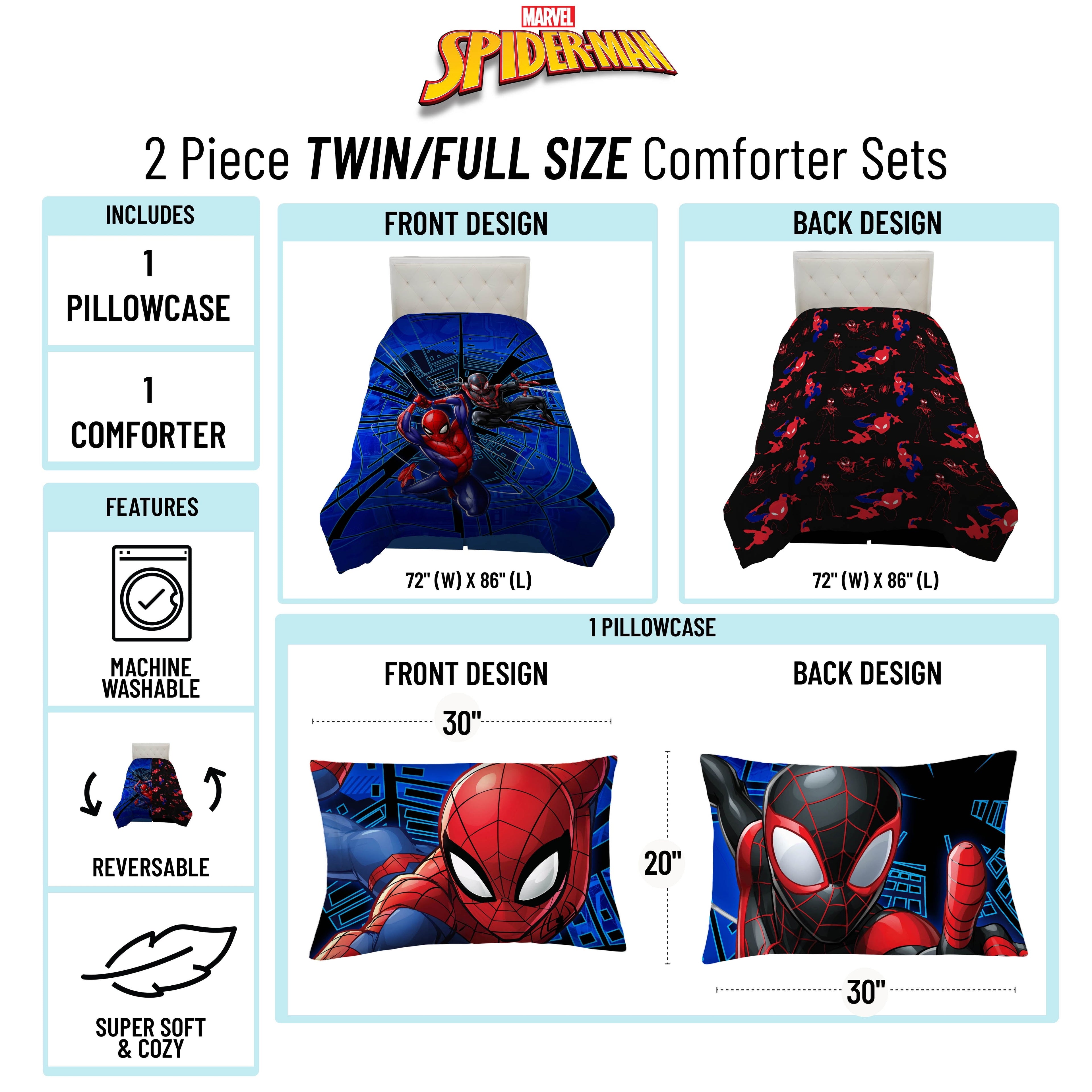 Luxurious Quilted Spiderman Techno City Kids 2 Piece Blue Reversible Comforter and Pillowcase Set, Twin/Full - All-Season Down Alternative Comforter Insert Detail