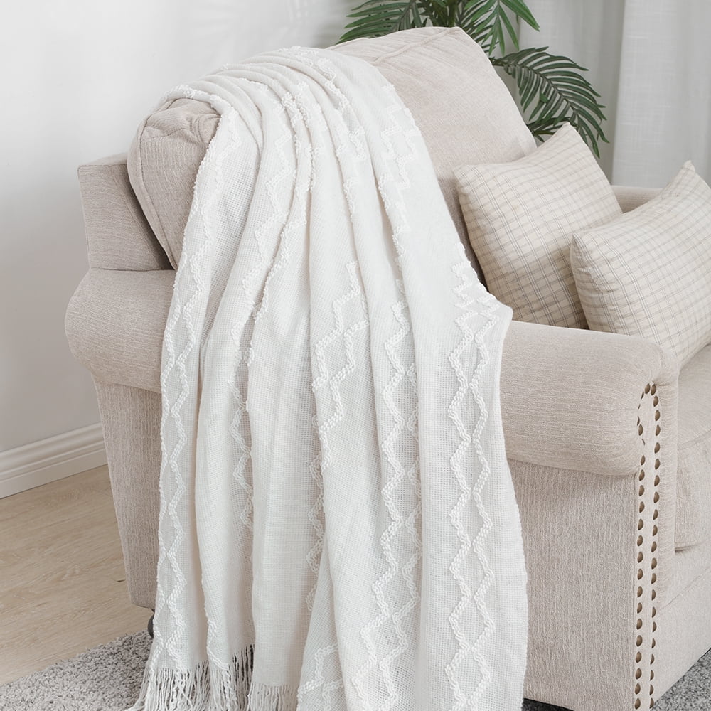 Super Soft Flannel Fluffy Chenille Knitted Fringe Throw Blanket, Lightweight Soft Cozy Bed Sofa Chair Blanket, White, 50" x 60" - Luxury Knitted Decorative Throw Blanket with Fringes Detail