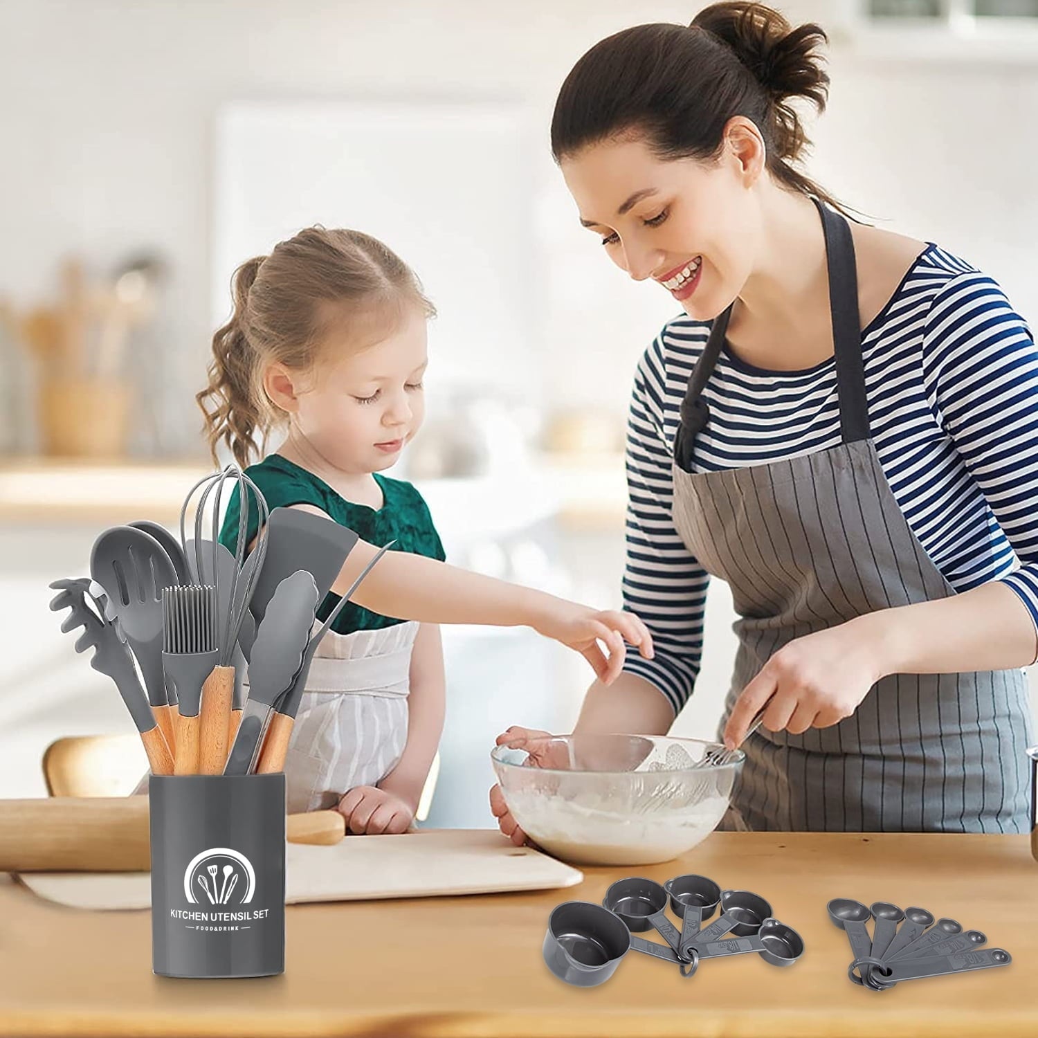 Ergonomic Cooking Silicone Cooking Utensils Set, 446°F Heat Resistant Wooden Handle Cooking Kitchen Utensils Spatula Set with Holder fo... - Durable Turner & Ladle Utensil Set for Home Chefs Detail