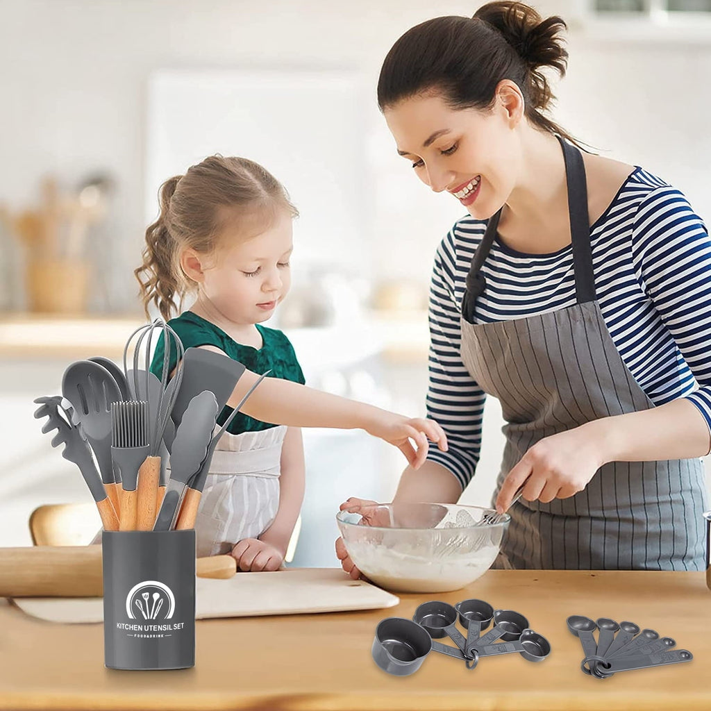 Professional Grade Silicone Cooking Utensils Set, 446°F Heat Resistant Wooden Handle Cooking Kitchen Utensils Spatula Set with Holder fo... - Multi-Purpose Hand Tool for Daily Meal Prep Detail