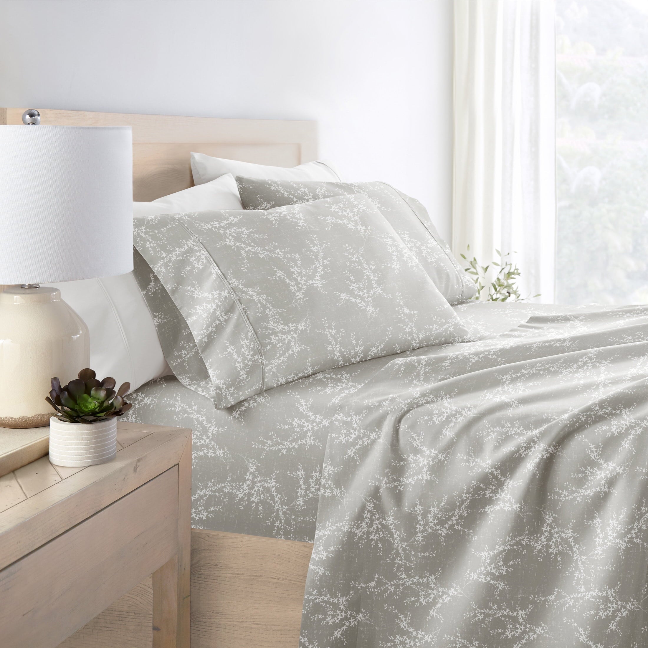 Cooling Sateen 3 Piece Pattern Microfiber Bed Sheets Set, Distressed Willow Light Gray, Twin - Premium Ultra-Soft Pillowcase Pair for Sleeping Detail