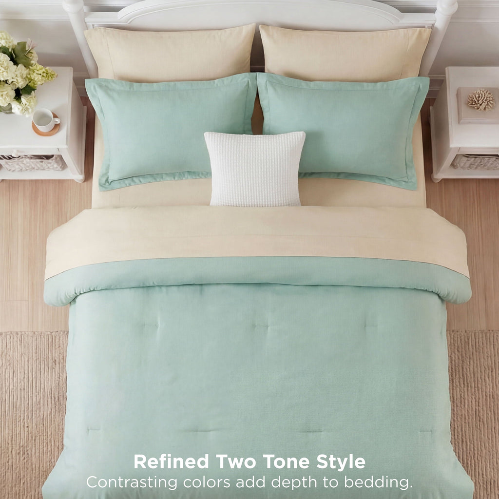 Luxurious Quilted Queen Comforter Set Sage Green, 7 Pieces Lightweight Queen Bedding Sets, Contrasting Design - All-Season Down Alternative Comforter Insert Detail