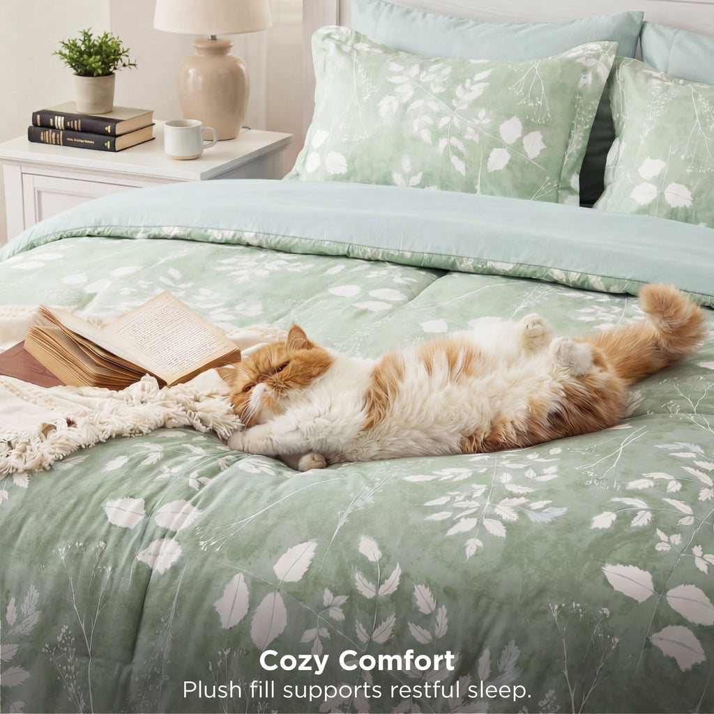 Luxurious Quilted Queen Comforter Set Sage Green, Bed in a Bag Queen Size Bedding, 7-Pieces Botanical Flowers Spring Comforter, Sheets,... - Hypoallergenic Ultra-Fluffy Quilt for Winter Detail