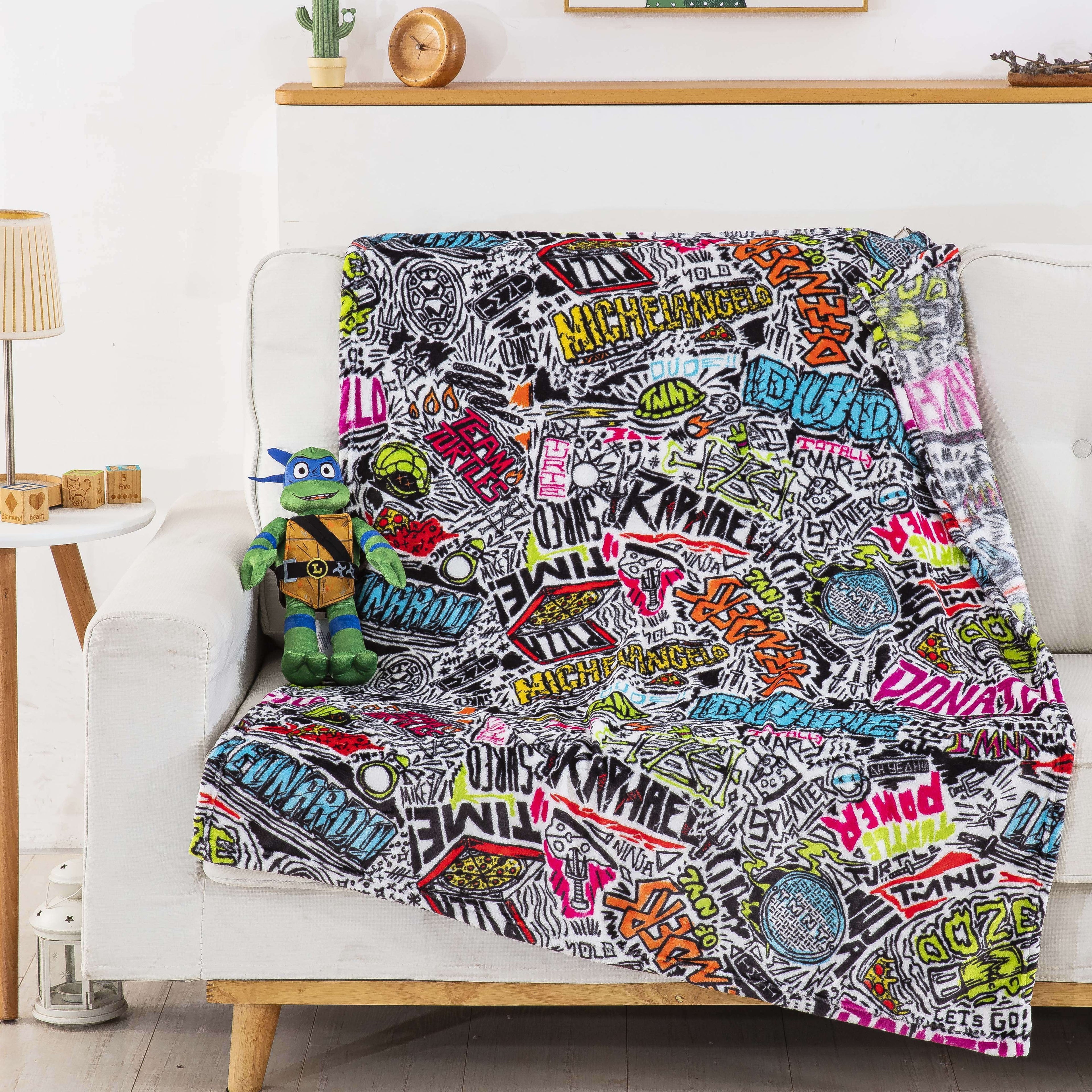Lightweight Warm Teenage Mutant Tutles Sketched Out Kids Silk Touch Throw Blanket with Plush Hugger – Ultra Soft Plush Character Pillo... - Cozy Fleece Throw Blanket for Couch & Bed Detail