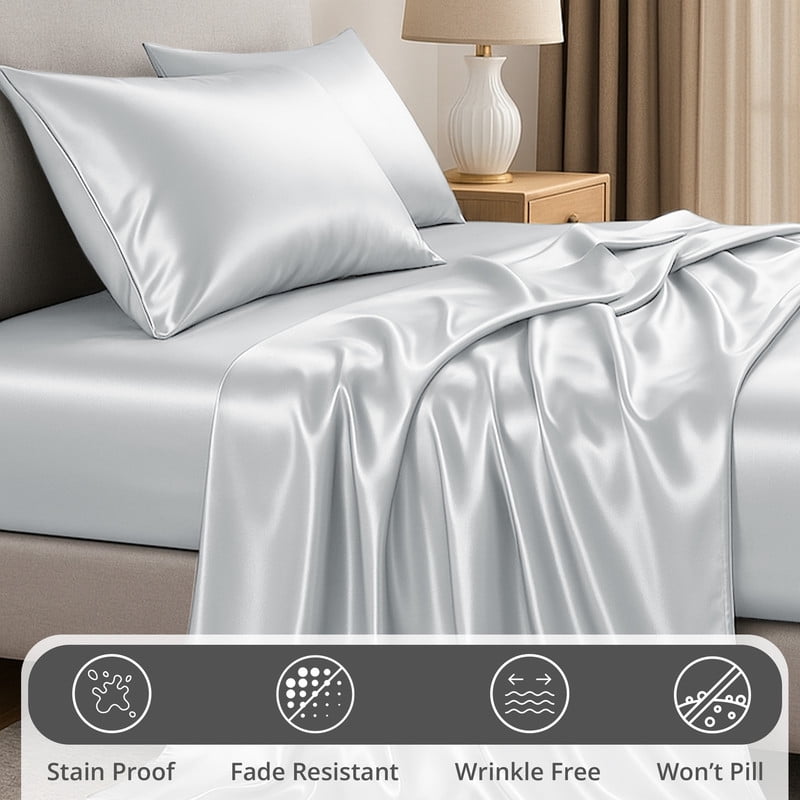 Breathable Luxury Lux Decor Luxury Satin Sheets King Size - 4 Piece Cooling Bed Sheet Set, Silky Soft & Smooth, Deep Pockets up to 15",... - Cooling Hotel Quality Bedding Sheets and Pillowcases Detail