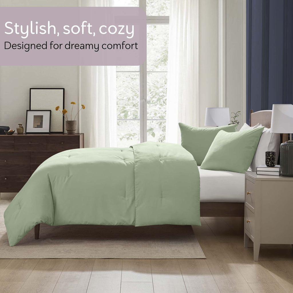 Heavyweight Warmth Comforter Sets, All Season Lightweight Solid Queen Comforter Set, 3-Pc Bedding Sets, Sage Green - All-Season Down Alternative Comforter Insert Detail