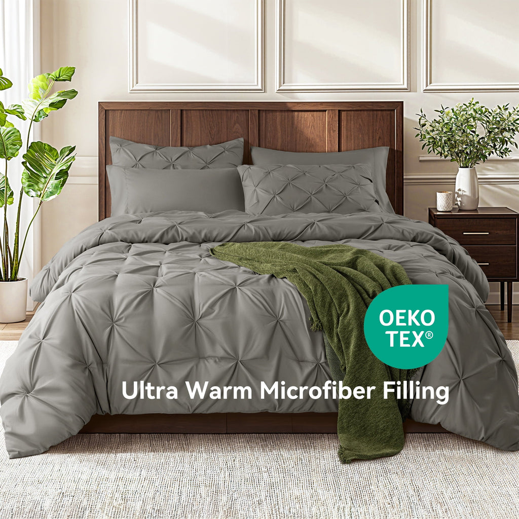 Luxurious Quilted Queen Comforter Set, 7 Pieces Bedding Sets for All Season, Bed in a Bag with Pleated Comforter - Flat Sheet & Fitted ... - Hypoallergenic Ultra-Fluffy Quilt for Winter Detail
