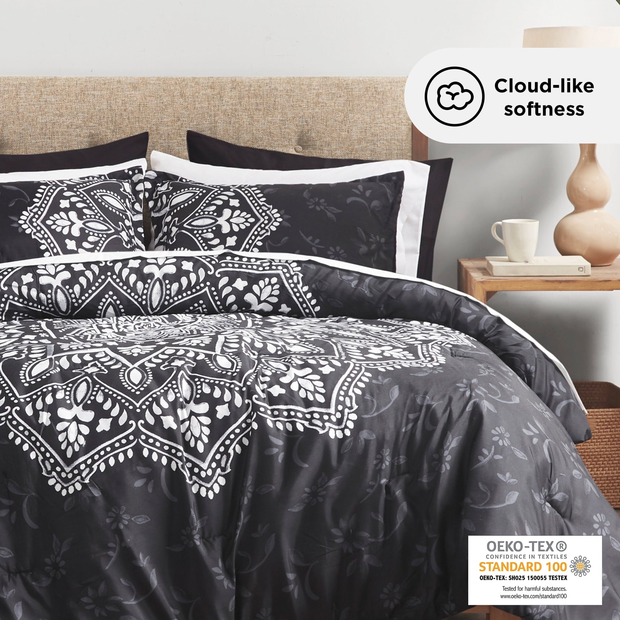 Luxurious Quilted Queen Comforter Set, Bedding Comforter Set Queen Size W/ Side Pockets, Black, 9 Pieces - Cloud-Like Soft Lightweight Bed Comforter Detail