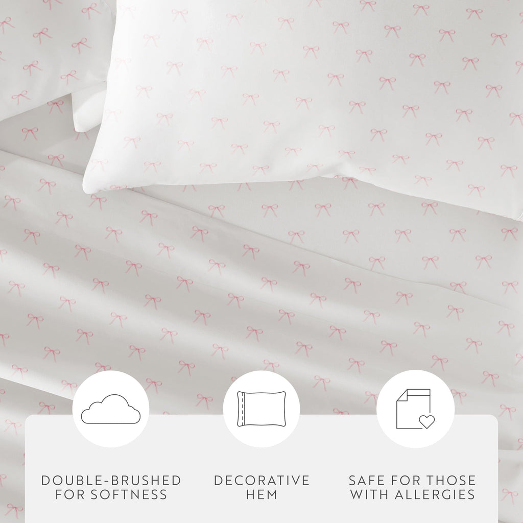 Wrinkle-Resistant 3 Piece Ditsy Pattern Microfiber Bed Sheets, Pink Bows, Twin-XL - Cooling Hotel Quality Bedding Sheets and Pillowcases Detail