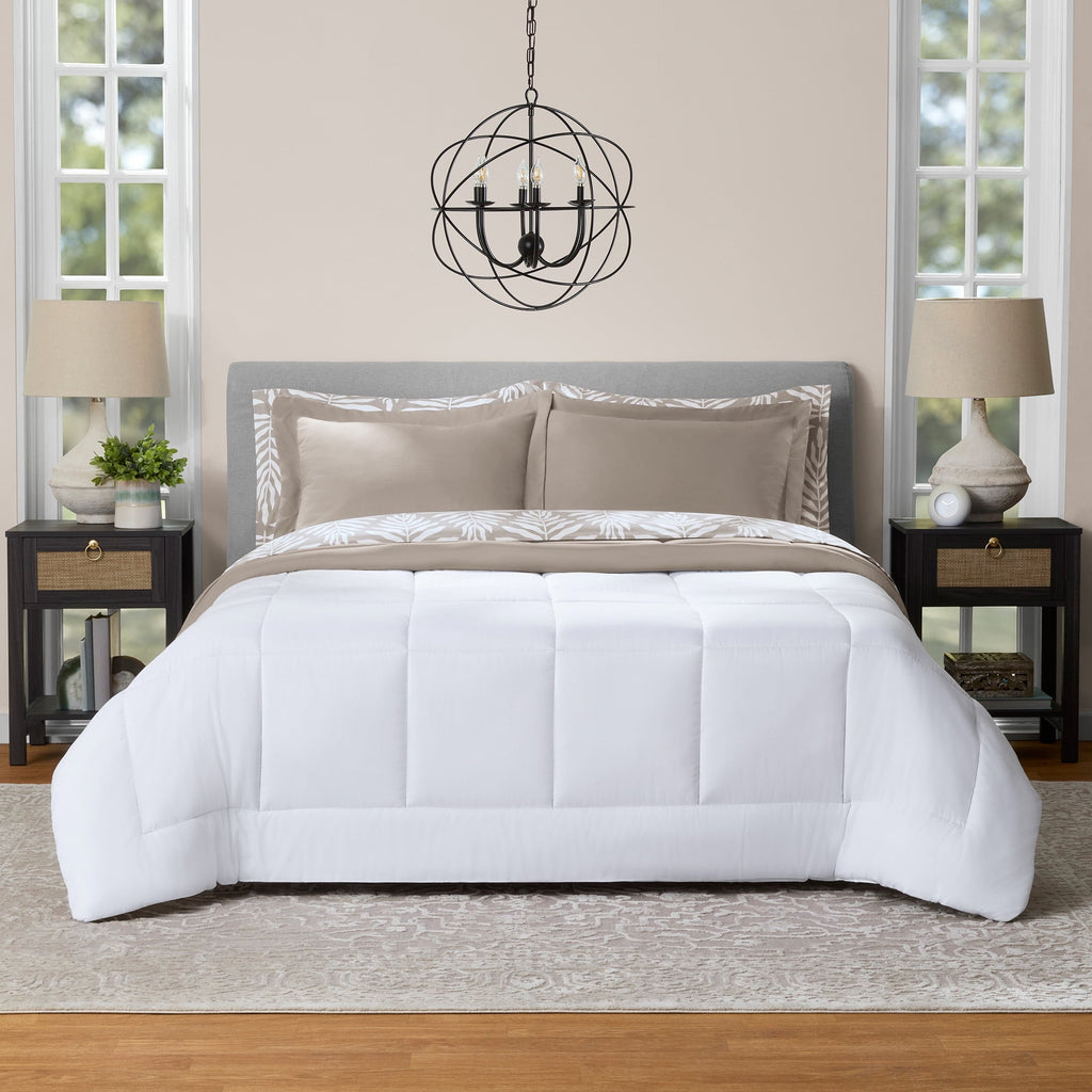 Heavyweight Warmth All in One Reversible Comforter and Sheet Set- 7 Piece, Queen, Beige Palm - Hypoallergenic Ultra-Fluffy Quilt for Winter Detail